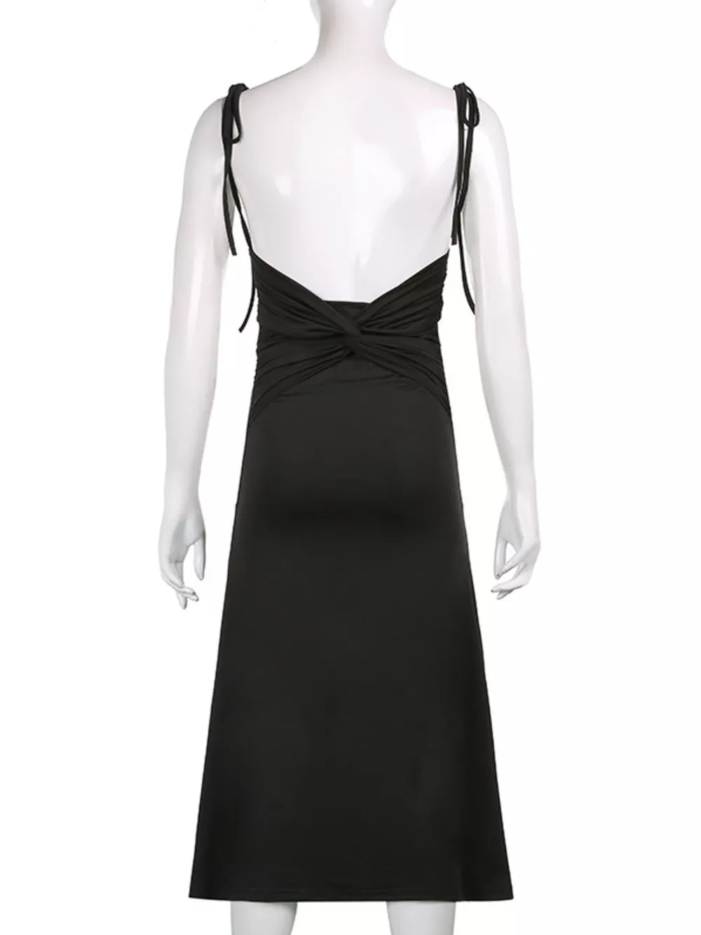 Black ruched midi dress with tie straps and a knotted back detail.