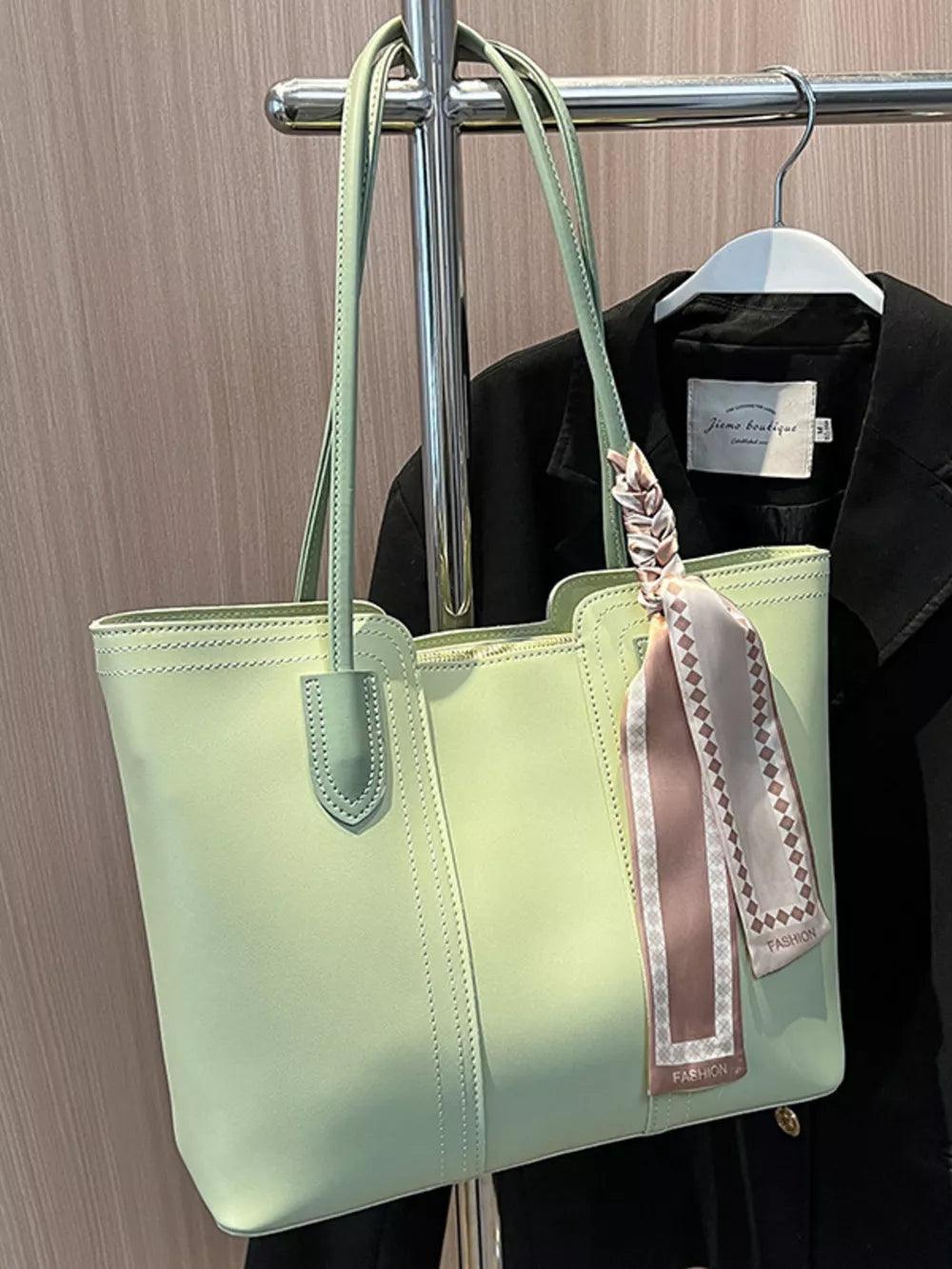 Elegant green pu leather tote bag with decorative scarf detail
