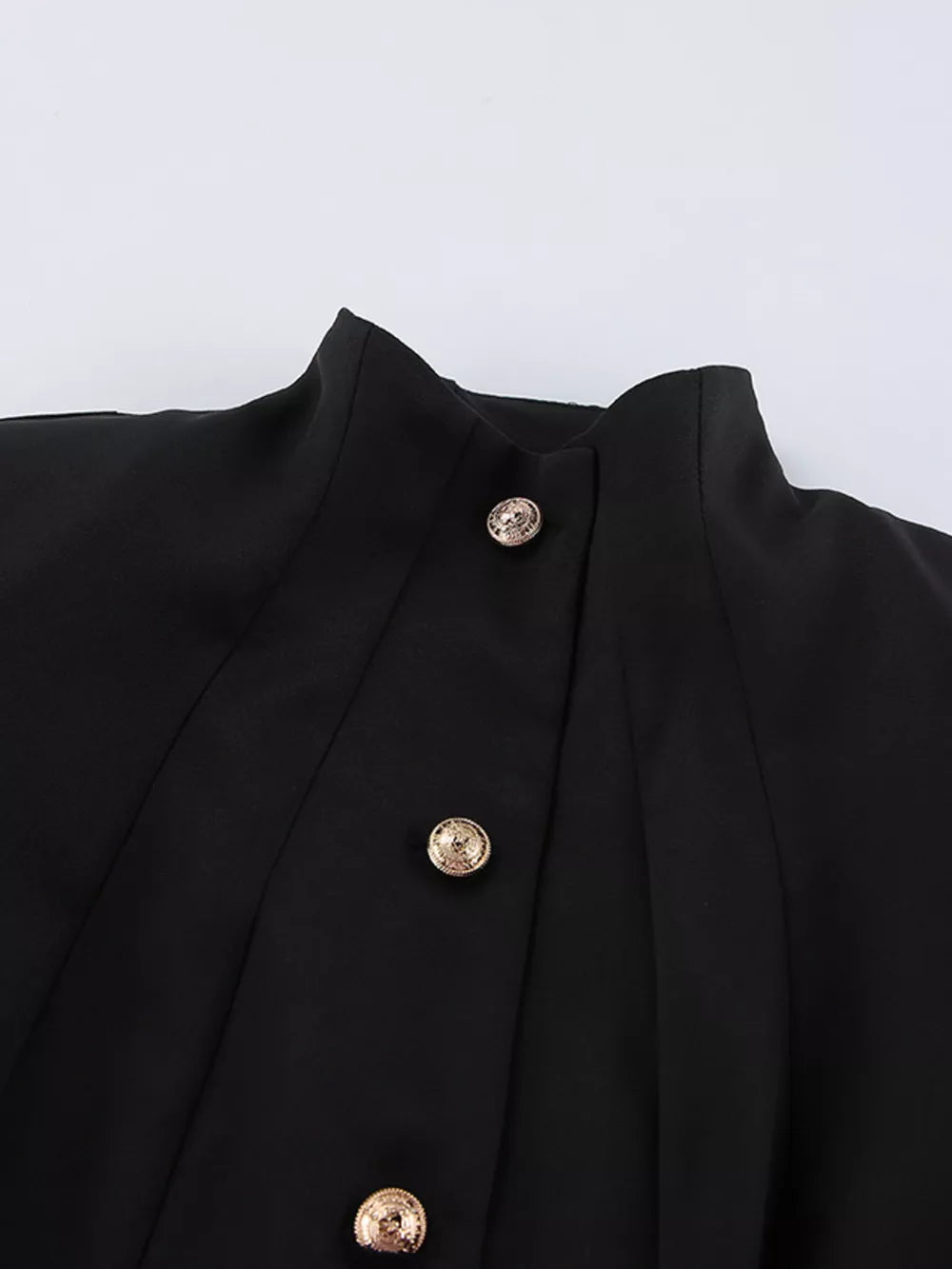 Elegant Stand Collar Blazer And Mini Skirt Set in Black, editorial view