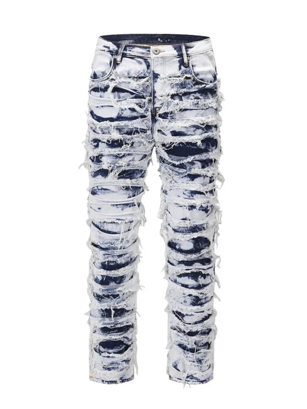 Distressed shredded denim jeans in medium wash with artistic sculptural details.