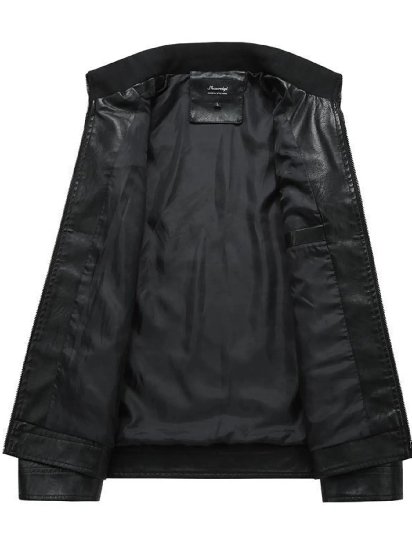 Men's black plus-size moto jacket with zip-up front and interior pocket detail.