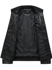 Men's black plus-size moto jacket with zip-up front and interior pocket detail.