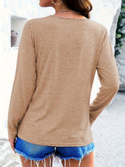 Tan long sleeve tee with a round neckline, shown from the back.