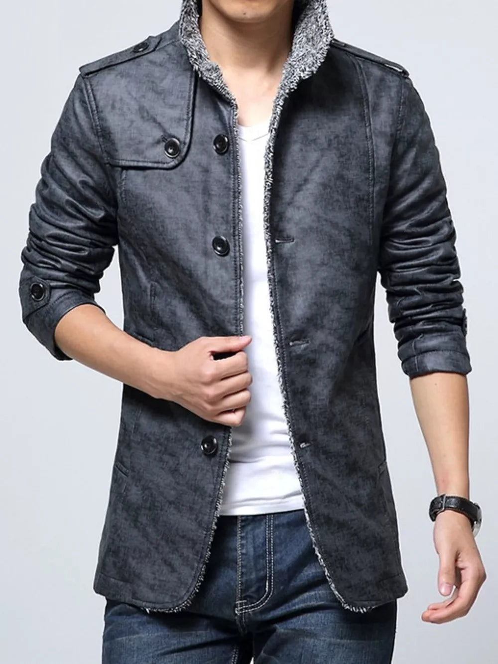 Men's grey fleece-lined sport jacket with button-down front and distressed texture.