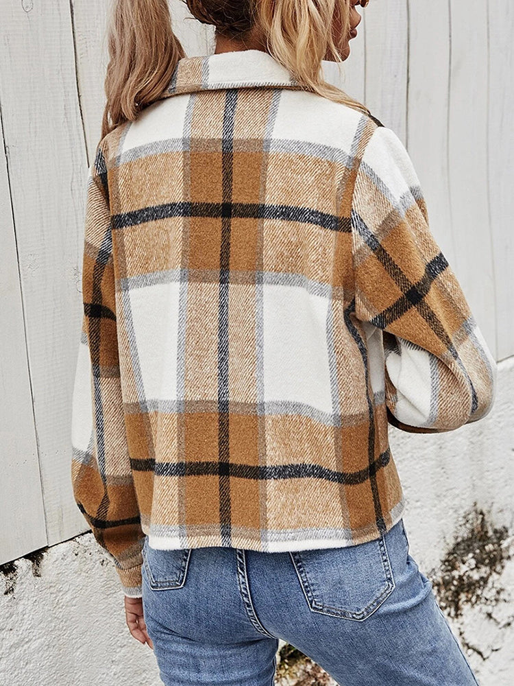 Checked plaid shacket in camel with a contrast collar and buttoned front.