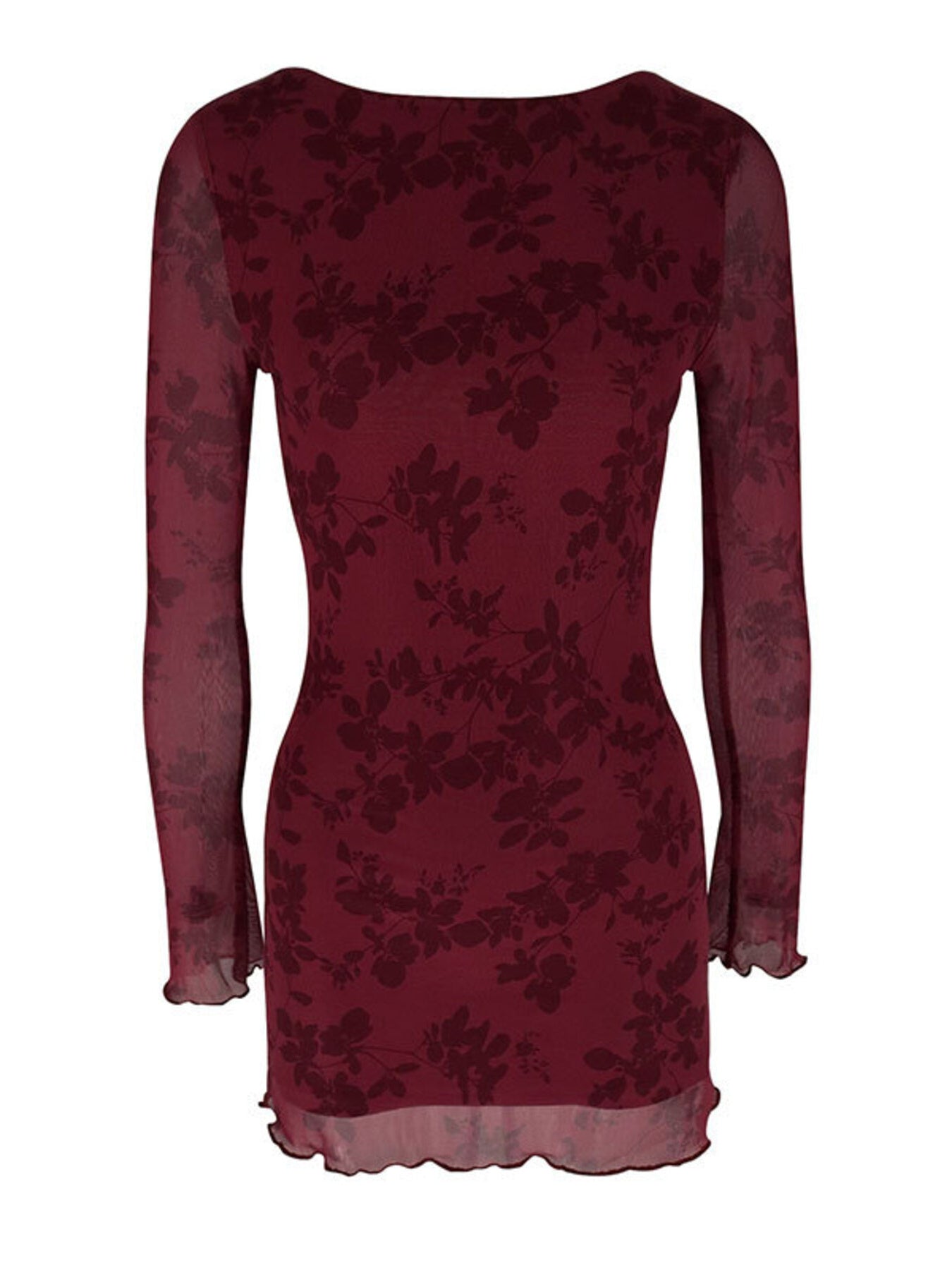 Burgundy floral mesh bodycon mini dress with long sleeves and lettuce hem detail.