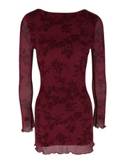 Burgundy floral mesh bodycon mini dress with long sleeves and lettuce hem detail.