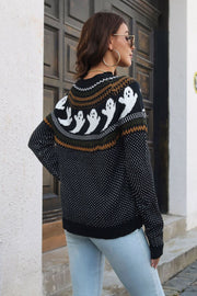 Spooky jacquard knit crewneck sweater in black with white ghost pattern and fair isle detail.
