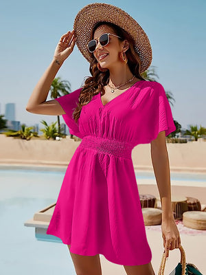 Hot Pink shirred waistline flutter sleeve mini dress with V-neck