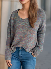 Textured slouch v-neck sweater in multicolor knit with a relaxed fit.