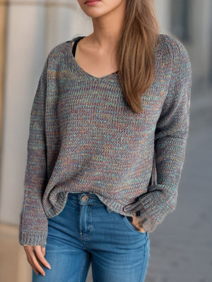 Textured slouch v-neck sweater in multicolor knit with a relaxed fit.
