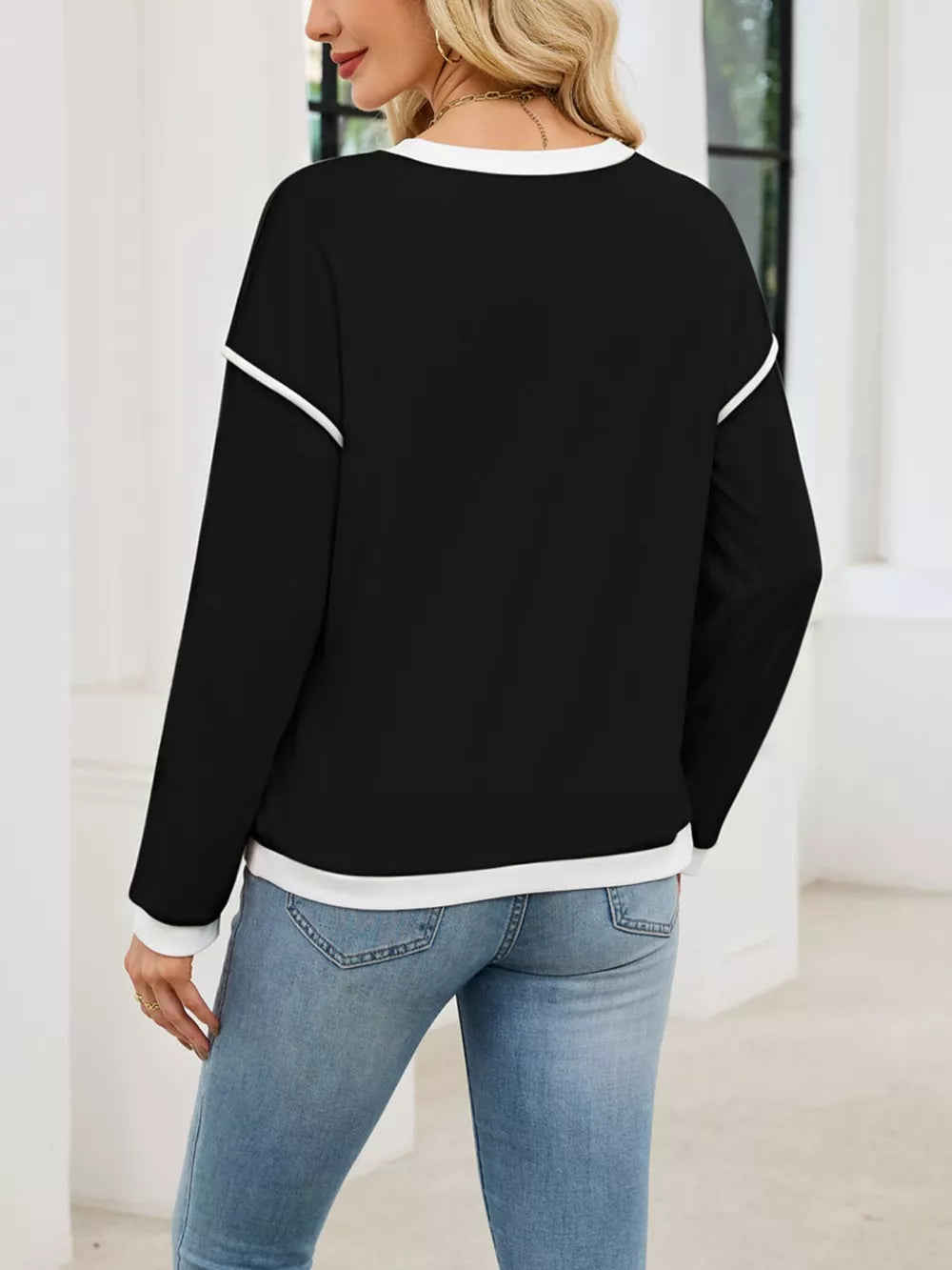 Contrast Trim Long Sleeve Sweatshirt in Black, back view