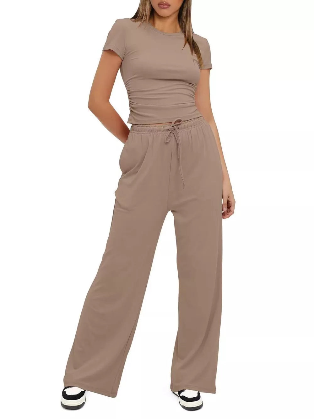 Ruched Short-sleeve Pants in Khaki Color, view 14