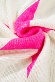 White knit sweater with neon pink star pattern, acrylic fabric detail
