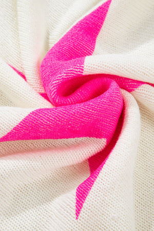 White knit sweater with neon pink star pattern, acrylic fabric detail