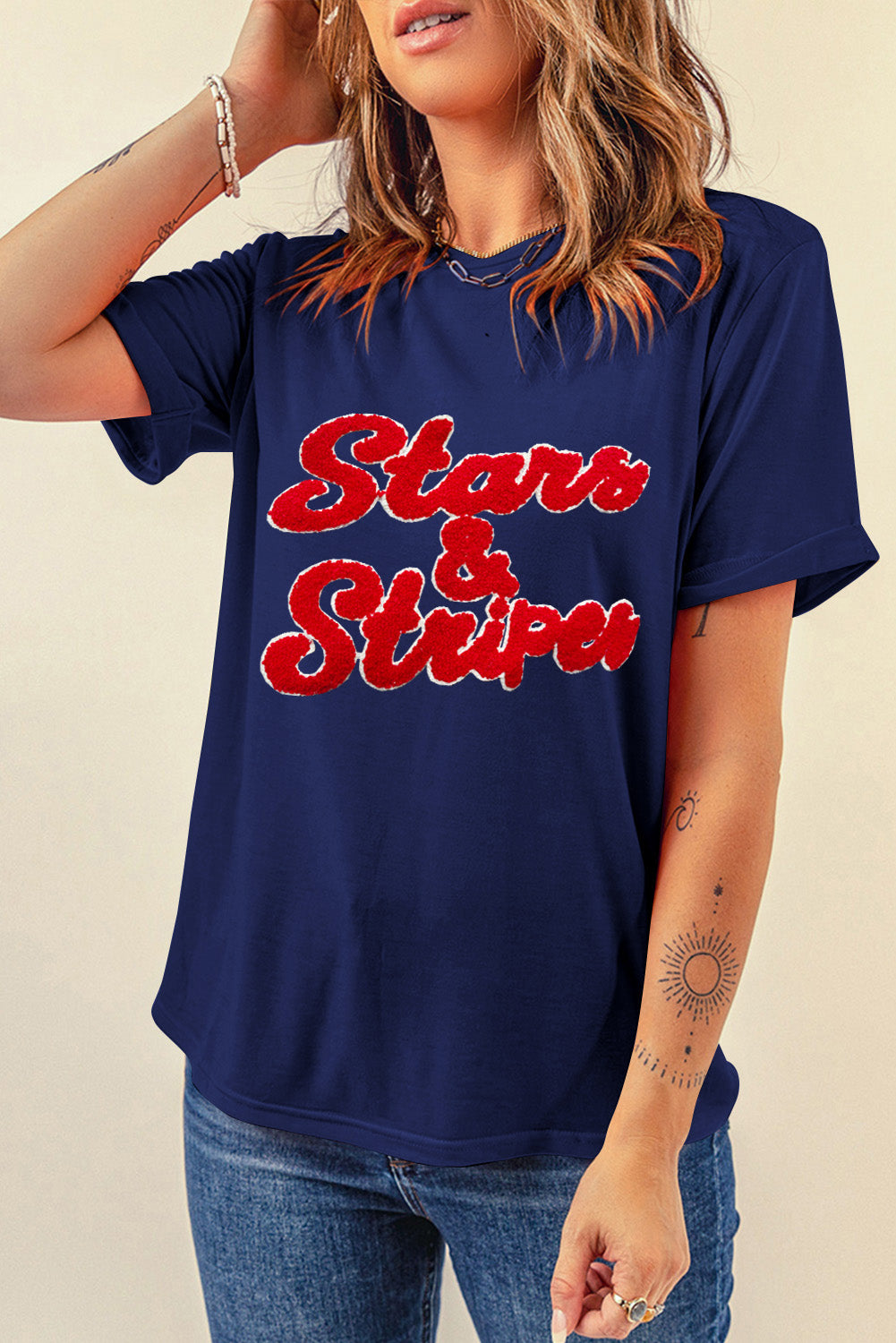Dark blue cotton blend t-shirt with red varsity-style "Stars & Stripes" graphic