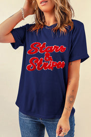 Dark blue cotton blend t-shirt with red varsity-style "Stars & Stripes" graphic