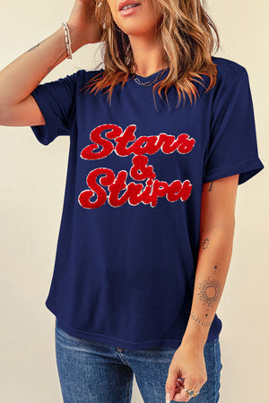 Dark blue cotton blend t-shirt with red varsity-style "Stars & Stripes" graphic