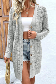 Gray diamond knit duster cardigan with button-down front and open weave detail