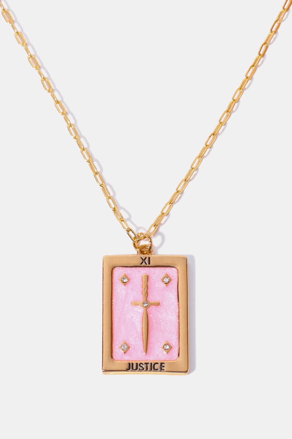 Blush pink tarot card pendant necklace with sword and gems on gold chain
