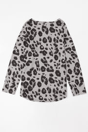 Relaxed fit dark gray leopard print long sleeve V-neck top