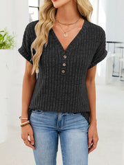 Ribbed knit v-neck t-shirt with buttons in charcoal grey, short sleeves, casual style.