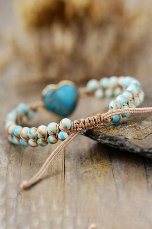 Sky blue heart stone braided bracelet with beaded detail