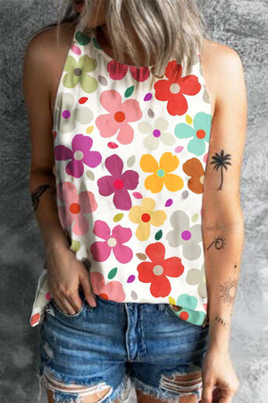 Floral halterneck tank top with a keyhole back and colorful flower print