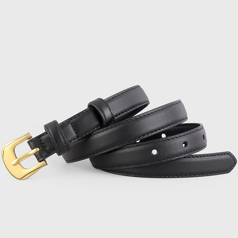 Black cowhide leather belt with gold buckle and adjustable strap