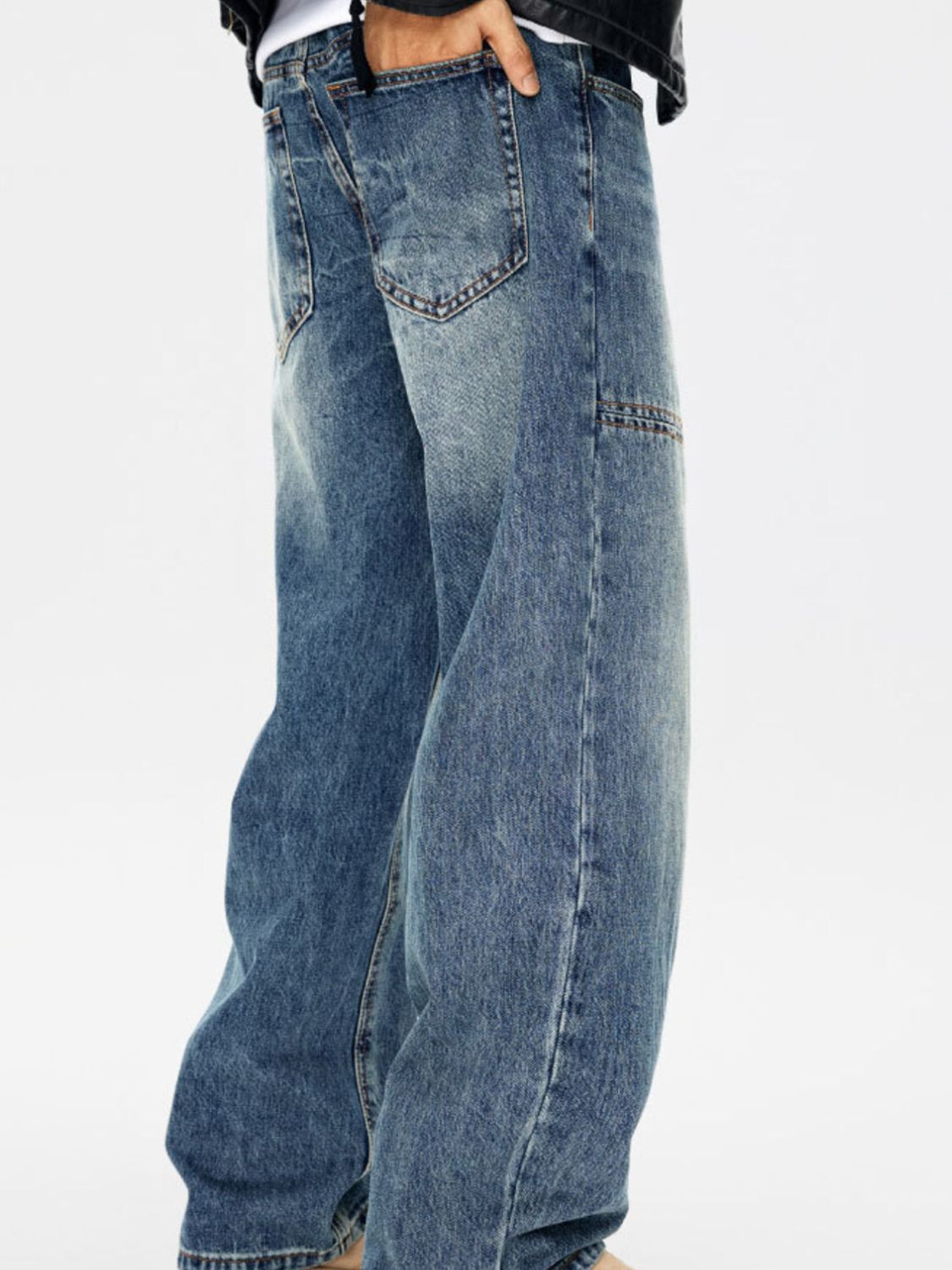 Men's blue relaxed fit cotton jeans with vintage wash and pocket detail