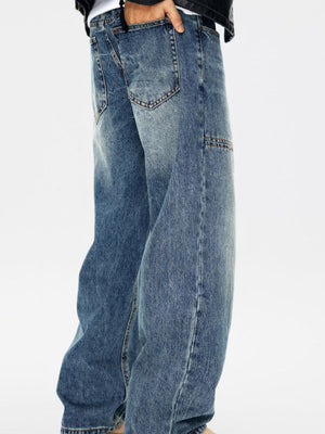 Men's blue relaxed fit cotton jeans with vintage wash and pocket detail