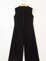 Black checkered wide-leg jumpsuit with button-front and mandarin collar.