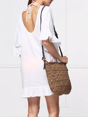 White ruffled V-neck beach cover-up with tie back and ruffled hem.