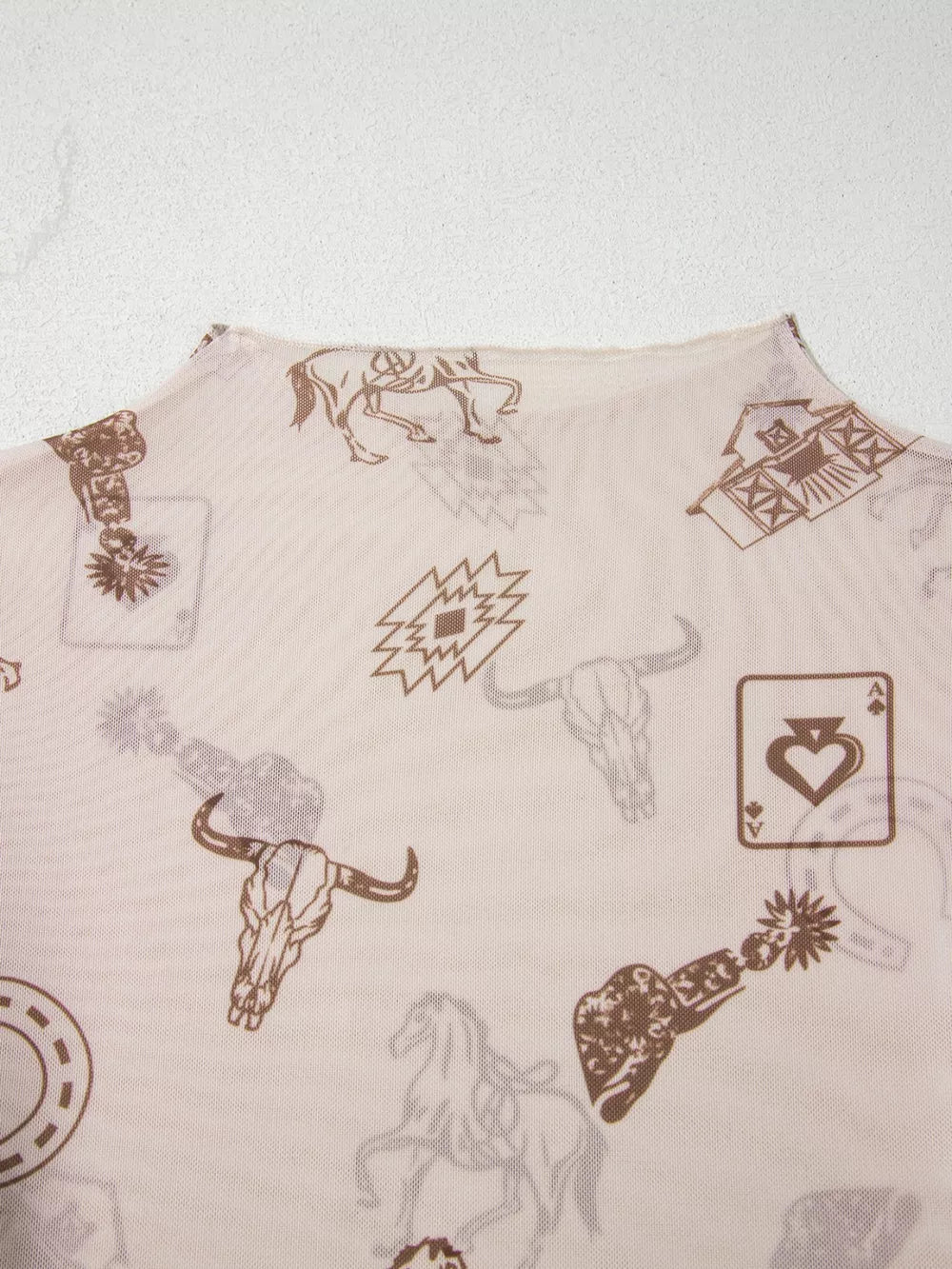 Sheer mesh mock neck shirt with western print, featuring horses, bull skulls, and playing cards.