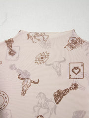 Sheer mesh mock neck shirt with western print, featuring horses, bull skulls, and playing cards.