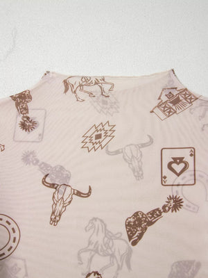 Sheer mesh mock neck shirt with western print, featuring horses, bull skulls, and playing cards.