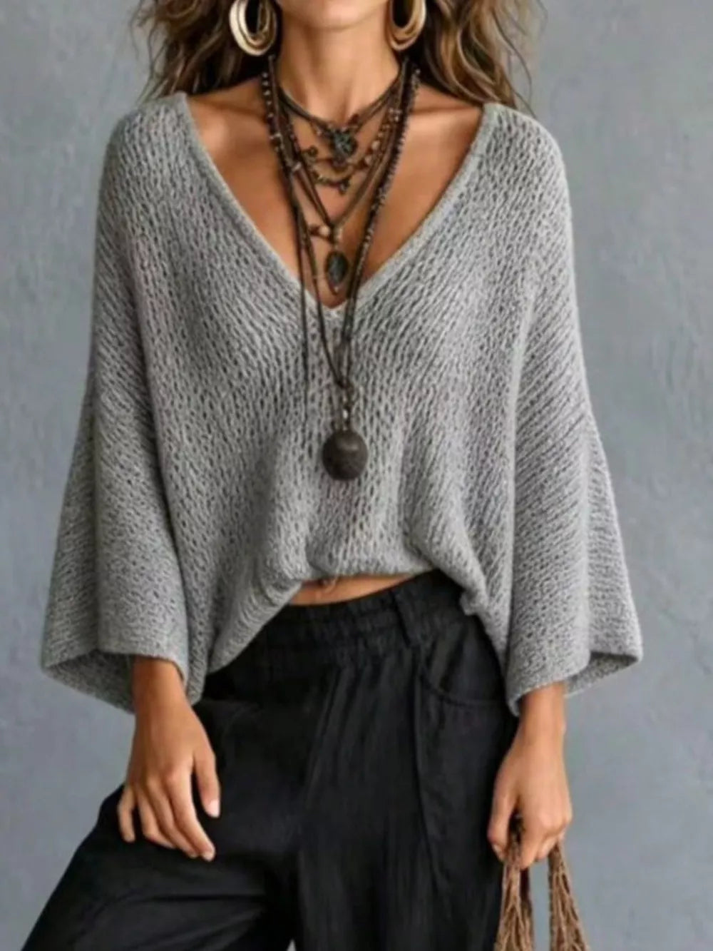 V-neck Batwing Sleeve Sweater in White, model styling view