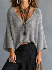 V-neck Batwing Sleeve Sweater in White, model styling view