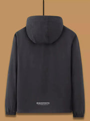 Dark Gray hooded windbreaker jacket with elastic cuffs and hem, featuring a subtle graphic print on the back.