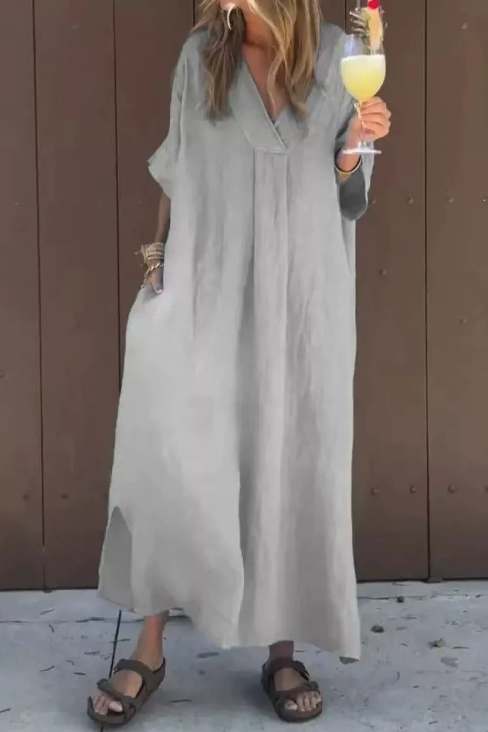 Full Size V-neck Maxi Dress Plus Size in Navy Blue, fabric detail