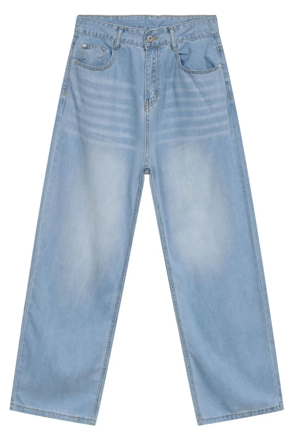 Light blue oversized denim palazzo jeans with a relaxed fit and subtle whiskering.