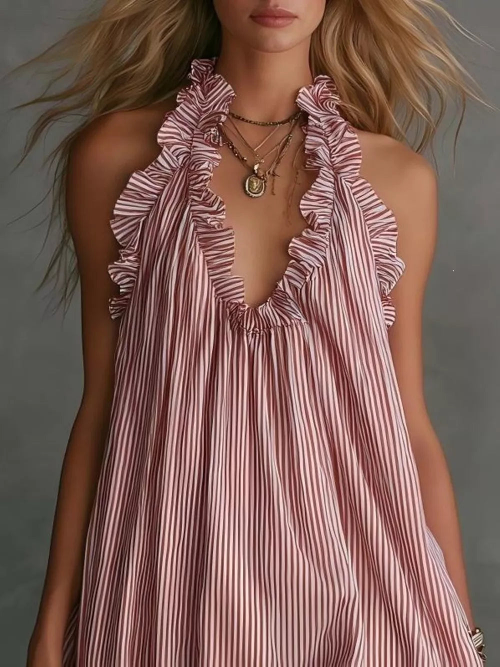 Ruffled Trim Halter Neck Mini Dress Plus Size in Blue, side view