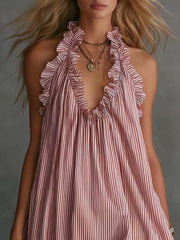 Ruffled Trim Halter Neck Mini Dress Plus Size in Blue, side view