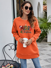 Orange-Red tunic sweatshirt with Merry Christmas graphic and Santa hat detail.