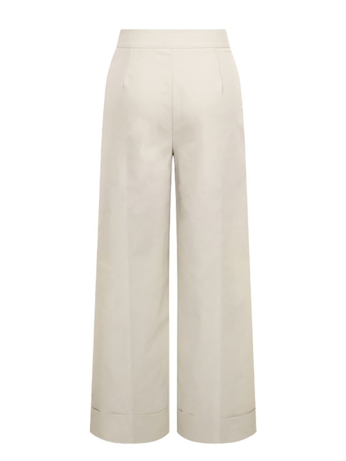 Beige wide-leg tailored trousers with cuffed hemline