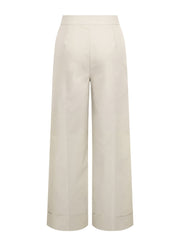 Beige wide-leg tailored trousers with cuffed hemline