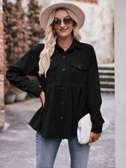 Black corduroy peplum shirt jacket with button front and chest pockets