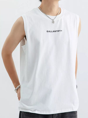 White cotton blend men's tank top with round neck and graphic print