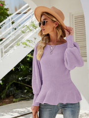 Lavender ribbed knit peplum top with voluminous balloon sleeves and a scoop neckline.