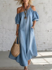 Asymmetrical Neck Denim Maxi Dress With Pockets in Light Blue, back view